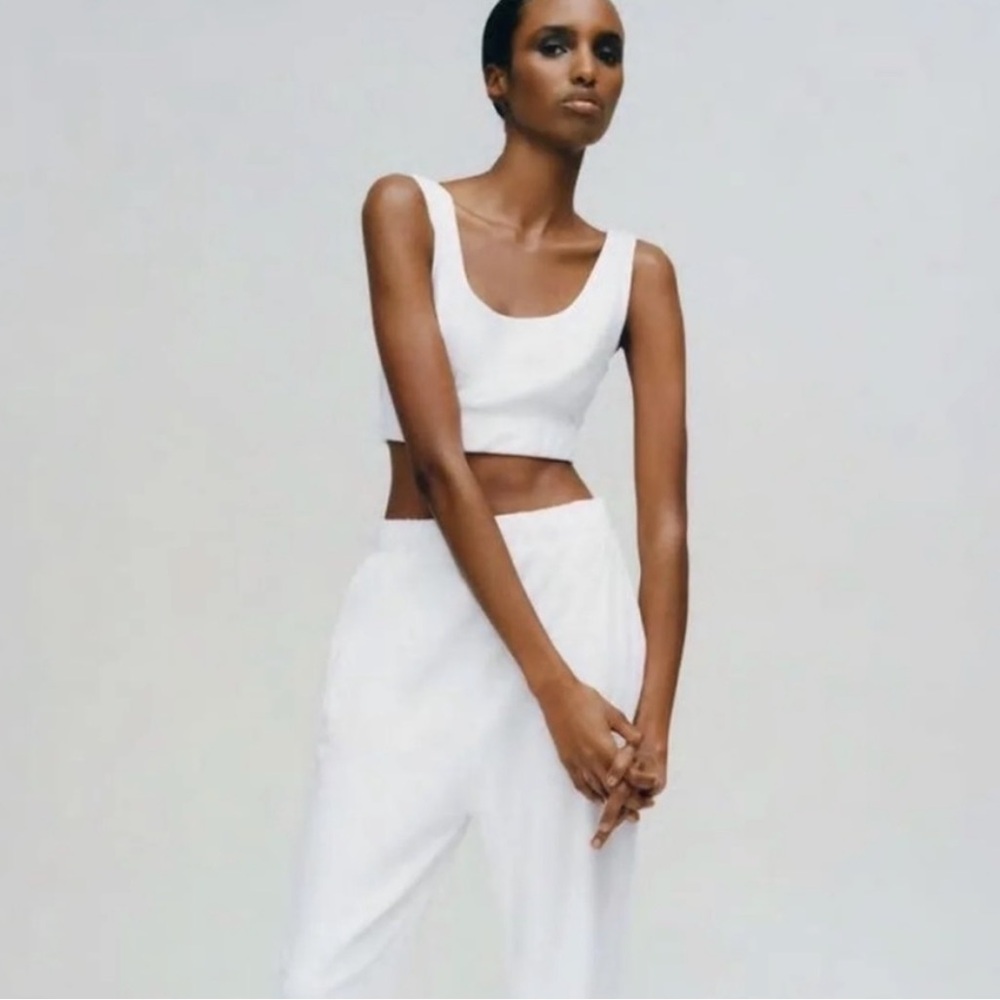 Zara White Terry Cloth Crop Top and Pants Loungewear Set, Large